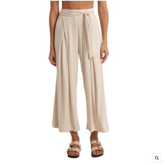 Z Supply Pants Womens M Ivory Isla Pucker Knit Tie Waist Wide Leg Palazzo Lounge - Picture 1 of 11